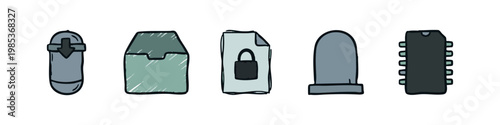 Hand-drawn Doodle Icons of Digital Data, Document Security, and Technology Elements on White Background