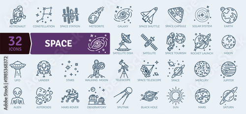 A set of 32 editable space icons in a minimalist line style