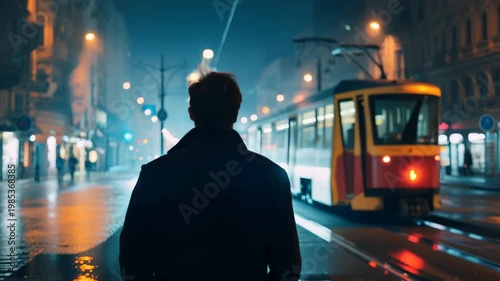 Unrecognizable male silhouette in coat walks along city street at night near bright lights and moving tram