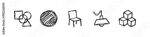 Artistic Scribble Style Furniture and Geometric Shapes Icon Set