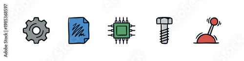 Technical hardware and industrial part icons featuring gear, microchip, bolt and lever set