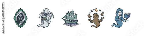 Paranormal Activity and Haunted Icons Set with Ghost Ship and Mirror