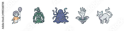 Halloween Spooky Character Icons with Ghost Girl Knight and Monsters