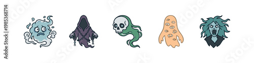 Collection of Spooky Cartoon Ghost and Monster Icons for Halloween