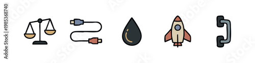 Miscellaneous Utility and Technology Icons with Scales USB and Rocket