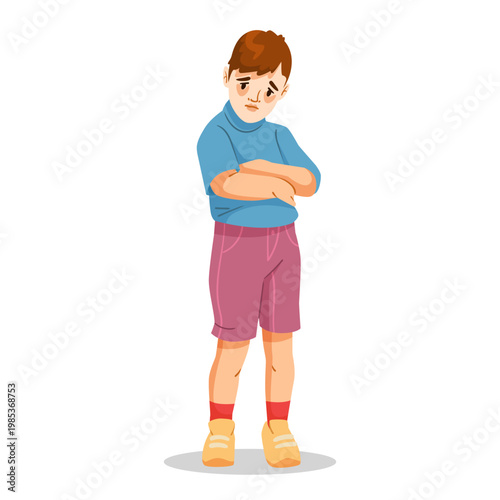 Sad child with crossed arms in cartoon style on white background, concept of kids sickness or sadness. Vector illustration