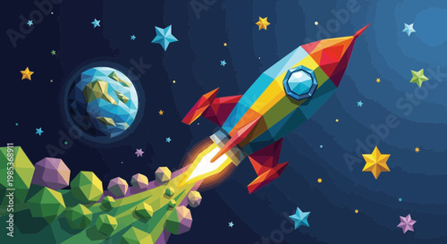 Colorful rocket blasting off into space with geometric planet and stars