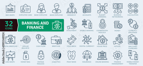 A set of 32 editable line icons for banking and finance concepts