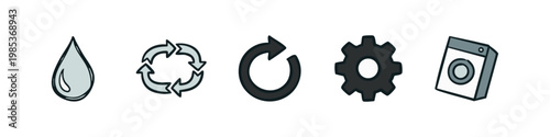Resource Management and Laundry Icons with Water Drop, Recycle Symbol, and Washing Machine