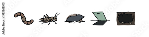 Subterranean Wildlife Icons featuring Worm, Mole, and Grasshopper