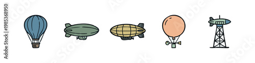 Vintage Aviation and Communication Icons with Hot Air Balloons, Blimps, and Radio Tower