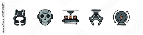 Advanced Technology and Logistics Icons with Exoskeleton, Robot Head, and Conveyor