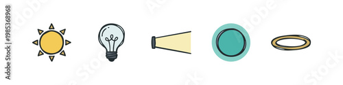 Light and Optical Concepts Icons featuring Sun, Light Bulb, and Flashlight