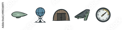 Aerospace Engineering Icons with Airship, Hangar, and Pressure Gauge
