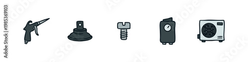 Pneumatic Tools and HVAC Equipment Icon Set - Blow Gun, Suction Cup, and Air Conditioner