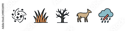 Nature, Wildlife, and Weather Icon Set - Dust, Grass, Bare Tree, Deer, and Storm