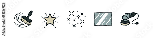 Cleaning, Polishing, and Shine Icon Set - Brush, Sparkles, Window, and Polisher
