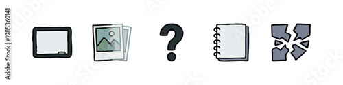 Doodle icons depicting digital and physical data: a tablet, photo stack, question mark, notebook, and a shattered symbol.