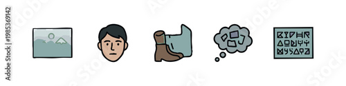 Collection of doodle icons representing information and mystery: a picture, human face, scroll, thought bubble, and a cipher.