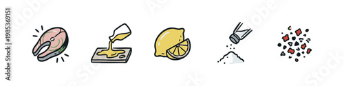 Seafood Cooking Ingredients Icon Set - Salmon, Olive Oil, Lemon, Salt, and Pepper