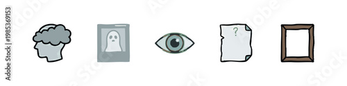 Set of abstract and mysterious doodle icons including a thinking head, ghost, eye, question document, and an empty frame.