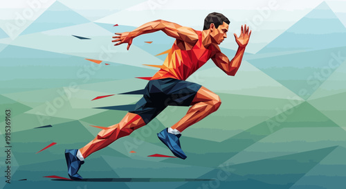 Dynamic Athlete Running Fast, Low Poly Style, Motion Blur Effect