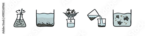 Doodle icons illustrating basic chemistry experiments such as mixing, sedimentation, filtration, pouring, and suspension.