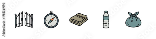 Travel and outdoor essentials in doodle icon style: an open gate, compass, blanket, water bottle, and a duffel bag.