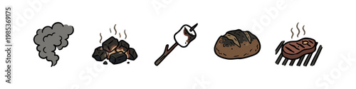 Set of BBQ and campfire cooking doodle icons: smoke, hot coals, toasted marshmallow, grilled bread, and steak on a grill.