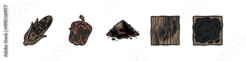 Doodle icons depicting burnt and discarded items: corn, bell pepper, ash, a wooden plank, and a paper board.