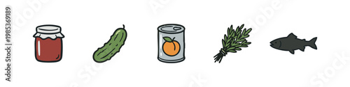 Doodle icons of various pantry and food items: a jam jar, cucumber, canned fruit, herbs, and a fish.