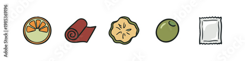 Doodle icons of healthy snacks and food items: an orange slice, fruit leather, dried fruit, olive, and a condiment packet.
