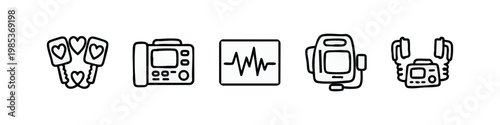 Black and white outline doodle icons of essential medical cardiology equipment: defibrillator paddles, AED, ECG, and Holter monitor.