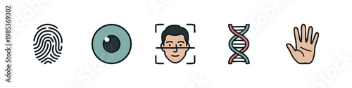 Biometric identification and human biology icons: fingerprint, iris scan, face recognition, DNA, and handprint.