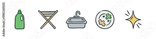 Laundry, dishwashing, and cleaning process icon set: detergent, drying rack, sink, dirty plate, and sparkling clean.