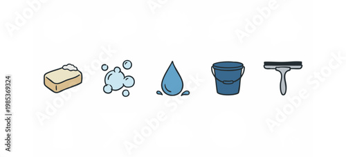 Cleaning process and tools icon set: soapy sponge, soap bubbles, water drop, bucket, and squeegee.
