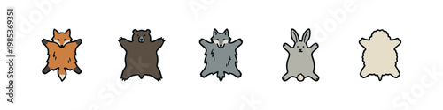 Hand-drawn vector icons of various animal fur rugs or pelts, representing wildlife and hunting themes.