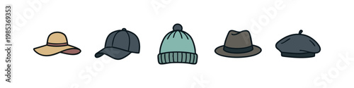 Hand-drawn vector icons of diverse headwear including hats, caps, and beanies for fashion and different occasions.