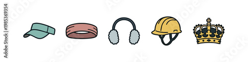 Vector icons of various head accessories and protective gear, from visors to crowns.