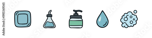 Hand-drawn vector icons representing hygiene and cleansing products like soap and water.
