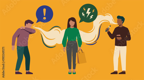 Woman bothered by coughing man and secondhand vape smoke in public space