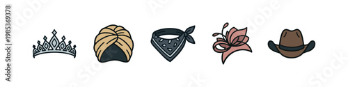 Hand-drawn vector icons depicting a range of head accessories including tiaras, turbans, bandanas, and cowboy hats.
