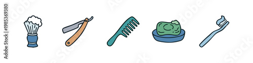 Hand-drawn vector icons illustrating essential grooming and personal hygiene tools.