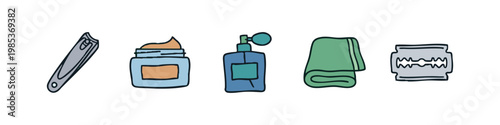 Hand-drawn vector icons of beauty, hygiene, and personal care items like nail clippers, cream, and perfume.
