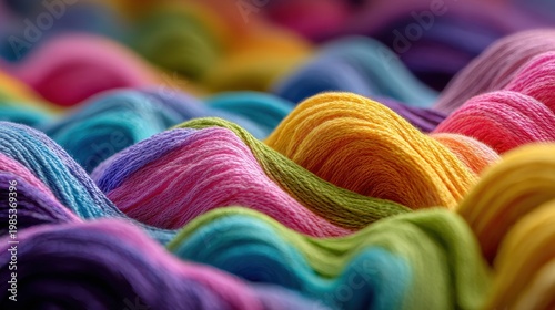 Abstract Vibrant Rainbow Waves of Soft Textured Yarn in Macro Detail with Warm and Cool Color Gradients Creating a Playful and Energetic Atmosphere