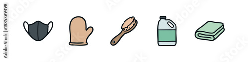 Vector icons illustrating various items for protection, cleaning, and personal care.