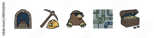 Set of 5 hand-drawn underground and mining icons: mine entrance, pickaxe, mole, pipes, and treasure chest.