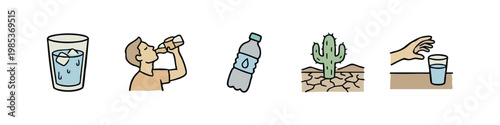 Set of 5 hand-drawn hydration and desert icons: ice water, person drinking, water bottle, cactus, and hand reaching for water.