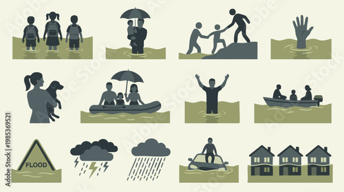 Flood disaster vector icons set: warning, rescue, people, homes, rain