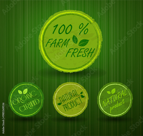 Collection of 100% Farm Fresh and Organic Certified Green Label Vectors, ideal for eco-friendly branding, farmers' market packaging, organic food promotion, and sustainability-focused marketing